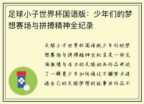 足球小子世界杯国语版：少年们的梦想赛场与拼搏精神全纪录
