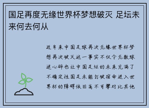 国足再度无缘世界杯梦想破灭 足坛未来何去何从